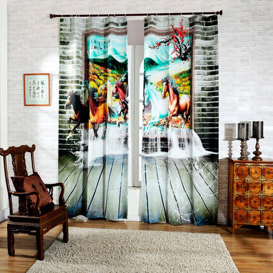 3D Running Horses in Picture Printed Decorative and Blackout Custom Room Curtain