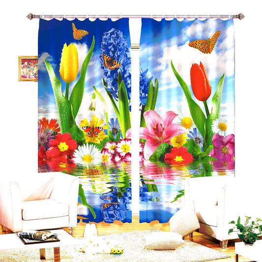 Cortina 3D con estampado de flores y mariposas de varios colores