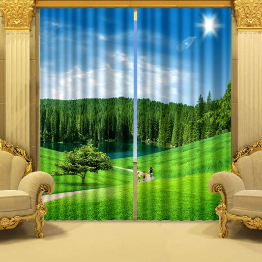 Fresh Nature Scenery Green Grassland and Peaceful River Printed Custom 3D Curtain