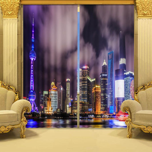 3D Pretty City Night Scene Printed 2 Panels Custom Curtains for Living Room