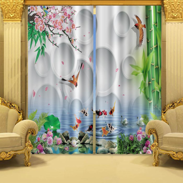 Bedruckter 3D-Vorhang mit blühenden Titoni und im Wasser schwimmenden Fischen