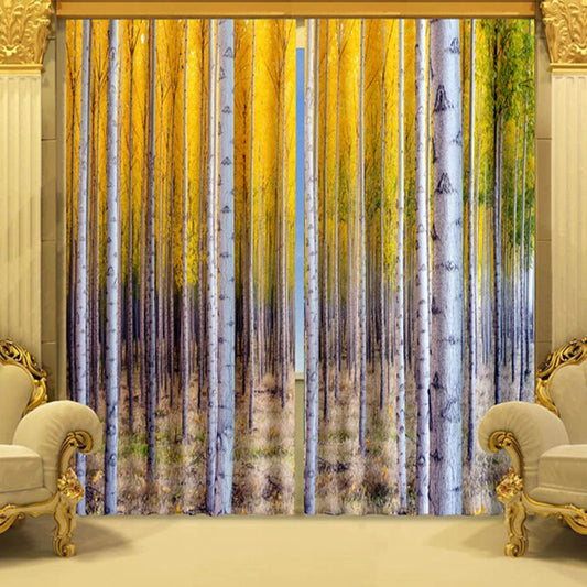 Mustard Yellow Vivid Birch Trees Printed Polyester 2 Panels Custom Living Room 3D Curtain