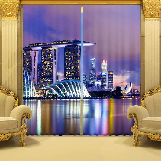 3D Splendid Night Urban Scene Printed Polyester 2 Panels Custom Living Room Curtain