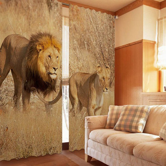 Cortina personalizada para sala de estar con decoración de estilo animal con estampado de leones de pareja increíble en 3D 