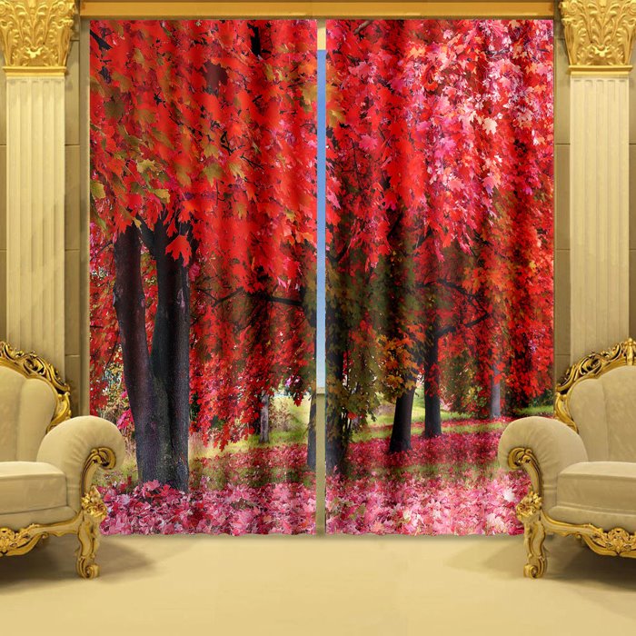 3D Red Maple Trees Printed Polyester Custom Shading Curtain for Living Room