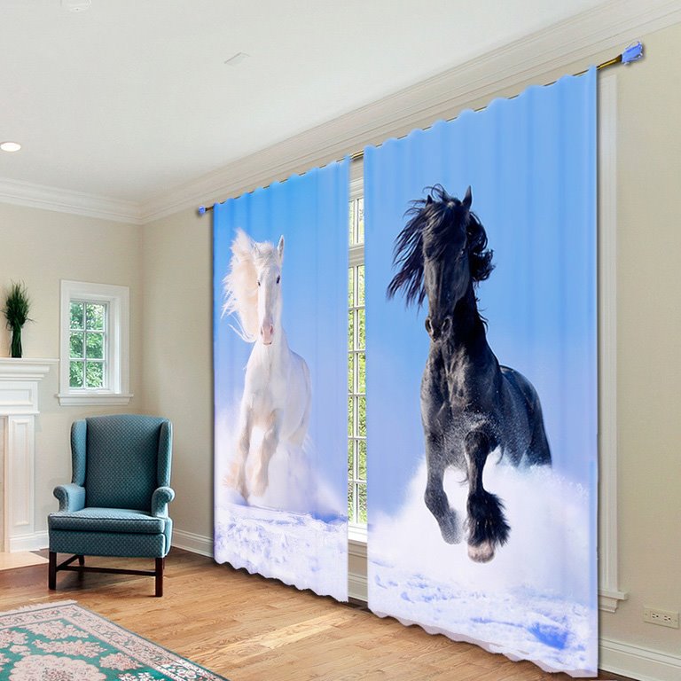 Impetuosos caballos blancos y negros impresos poliéster paisaje animal cortinas personalizadas 3D