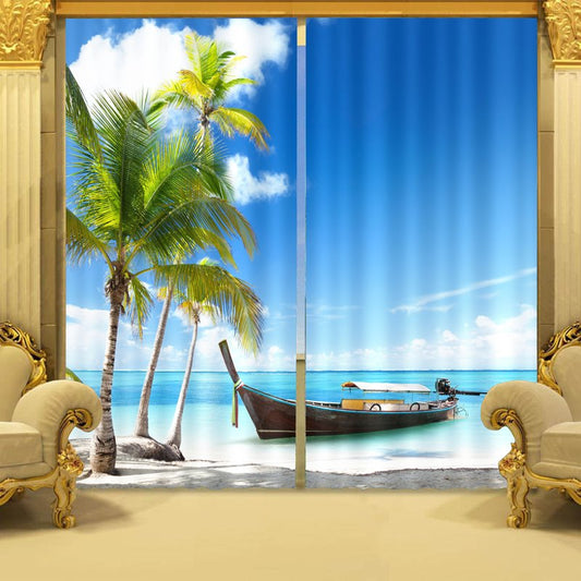 Cortina personalizada con estampado de cocoteros y barcos en el mar azul en 3D para sala de estar