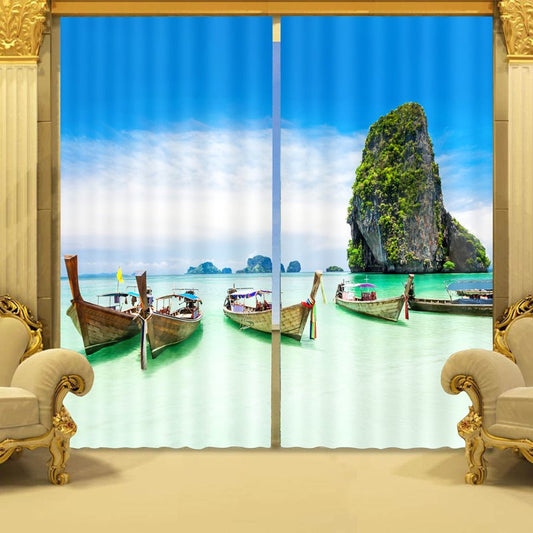 Small Boats in River with High Mountains Natural Scenery 2 Panels Living Room Curtain