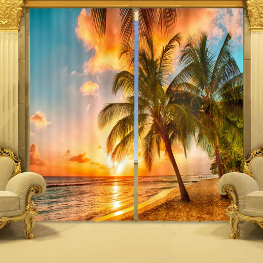 3D-Vorhänge aus Polyester mit lebendigen Kokospalmen im Sonnenuntergang, bedruckt mit lebendigen Farben und Landschaftsmotiven