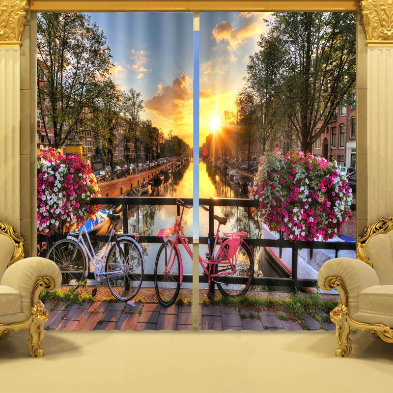 3D Exquisite City at Riverside in Sunset Printed Polyester Modern Style Custom Curtain