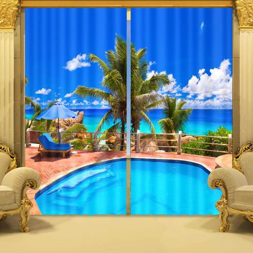 Cortina de sala de estar personalizada con estampado de piscina y palmeras fantásticas en 3D