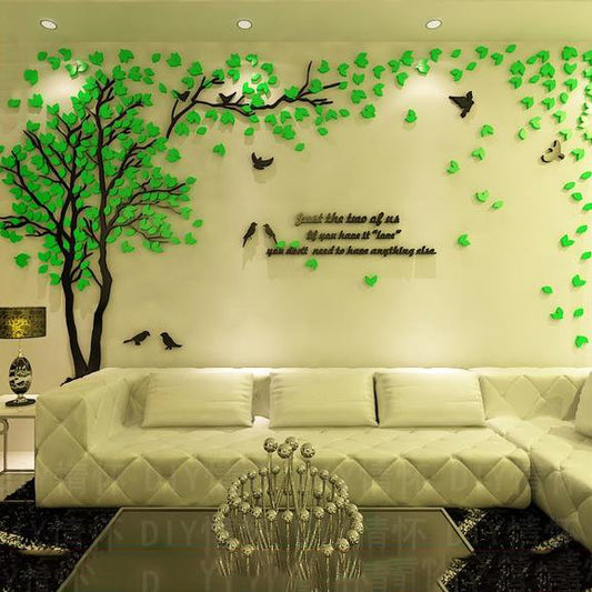 Pegatinas de pared 3D de acrílico cristalino con patrón de árbol y pájaro verde creativo