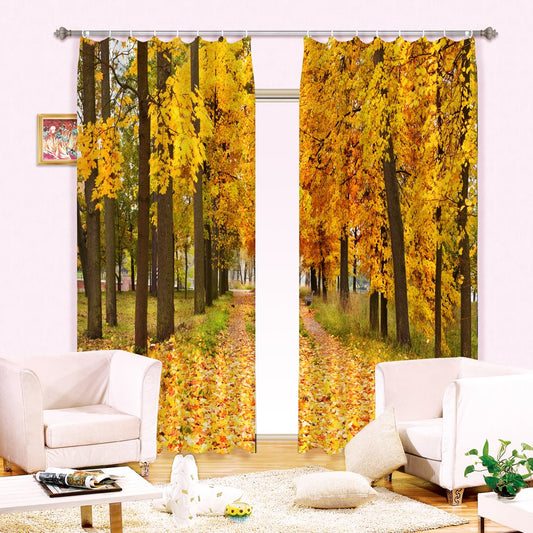 3D Mustard Yellow Trees and Leaves Printed Vivid Autumn Scenery Decorative and Blackout Curtain