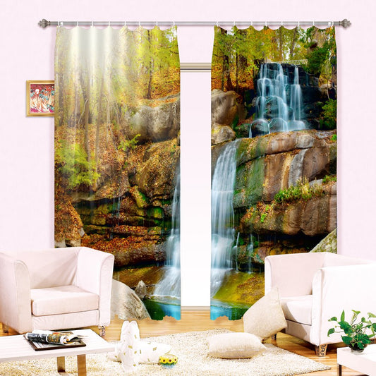 3D Flowing Water and Yellow Leaves Printed Vivid Autumn Scenery Custom Curtain