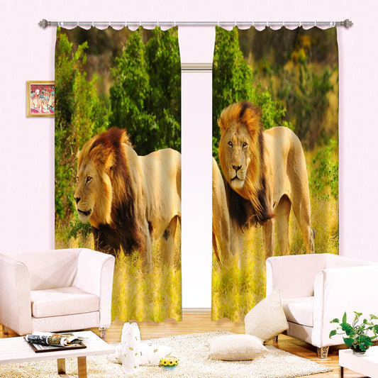 3D Two Lions Printed Wonderful Animal Scenery 2 Panels Living Room Curtain