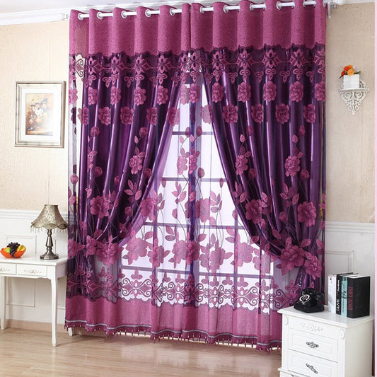 Conjunto de cortina de tela transparente y sombreado floral de color morado oscuro de poliéster y decoración