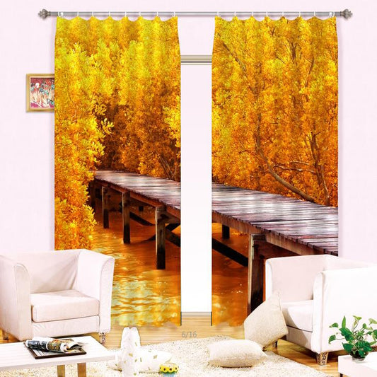 Mustard Yellow Hot Selling Timber Bridge Wood Print Blackout 3D Curtain