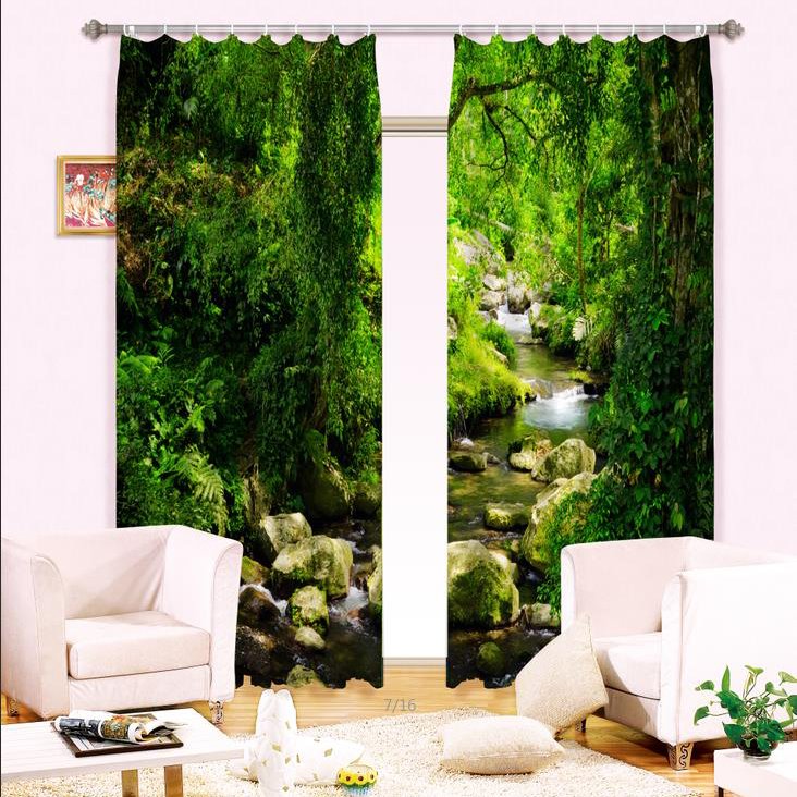 3D-Vorhang mit Creek und grünen Bäumen, bedruckt, natürlicher Stil, Dekoration, individueller Vorhang für das Wohnzimmer