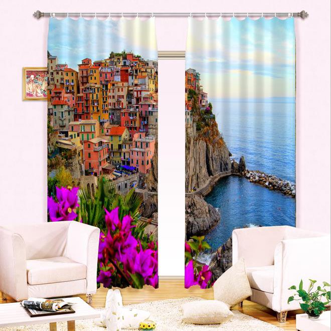 Wonderful Seaside City View Thick Polyester 2 Pieces Energy Saving 3D Curtain