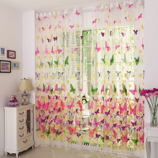 Cortinas y cortinas transparentes de estilo Pastoral con estampado de mariposas coloridas de poliéster decorativas y sombreadas