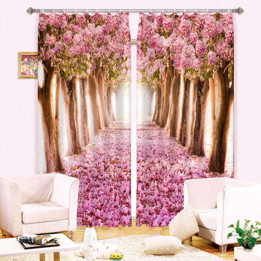3D Pink Flowers Trees and Road Printed Romantic Custom Blackout Curtain for Living Room