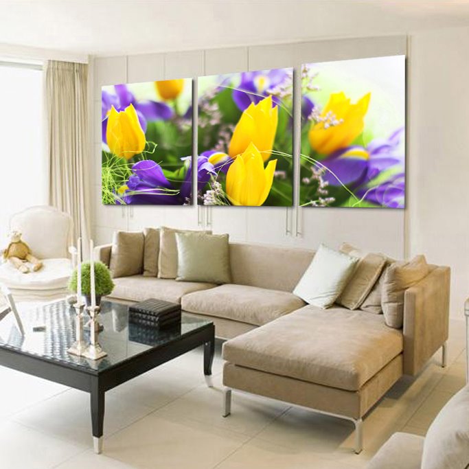 3-teiliger Kristallfilm-Kunstwanddruck mit hübschen gelben Tulpen 