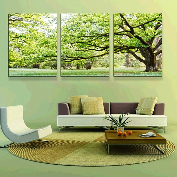 Impresión de pared artística con película de cristal de 3 piezas de bosque con paisaje primaveral 