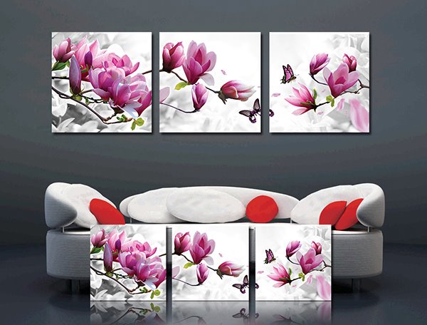 3-teiliger Crystal Film Art-Wanddruck mit Frühlingslandschaft, Magnolienblumen und Schmetterlingen 