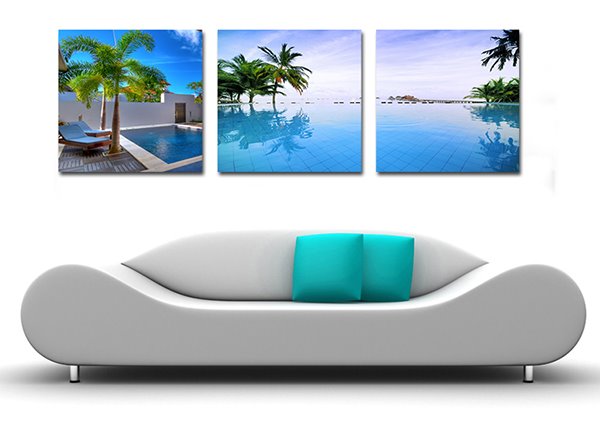 Impresión de pared artística de película de cristal de 3 piezas con paisaje de resort tropical 