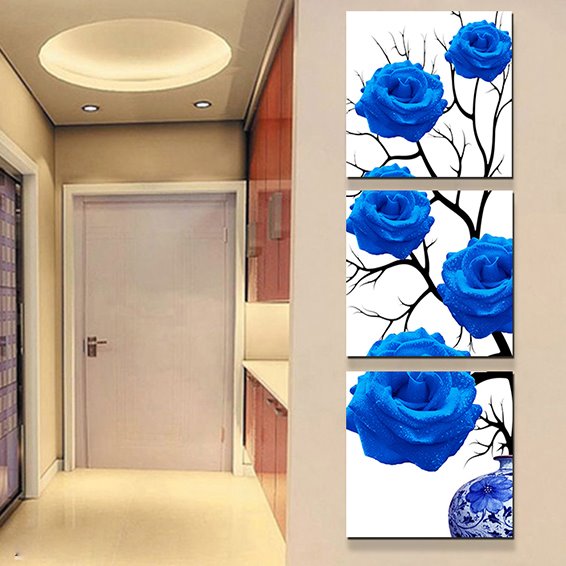 3-teiliger Crystal Film Art-Wanddruck mit romantischen blauen Rosen für den Eingangsbereich 