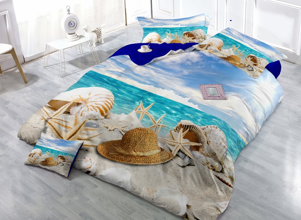 Juego de cama 3D de 4 piezas de algodón transpirable resistente al desgaste con estrella de mar de playa