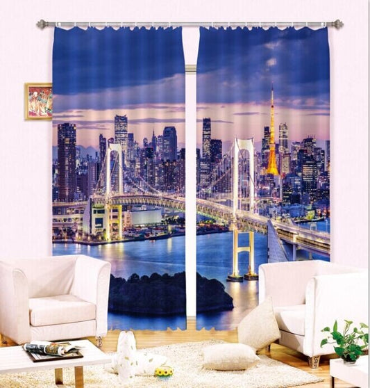3D Big City Fascinating Urban Night Scenery 2 Pieces Decorative and Shading Curtain