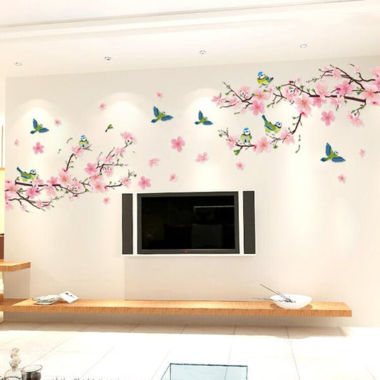 Pink Peach Flowers Branches PVC Waterproof Eco-friendly TV/Sofa Background Wall Stickers