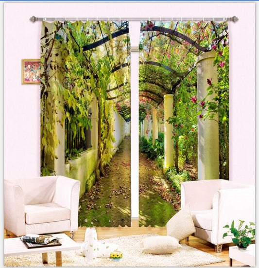 Beautiful Corridor with Green Vines Pastoral Style Custom 2 Panels 3D Curtain