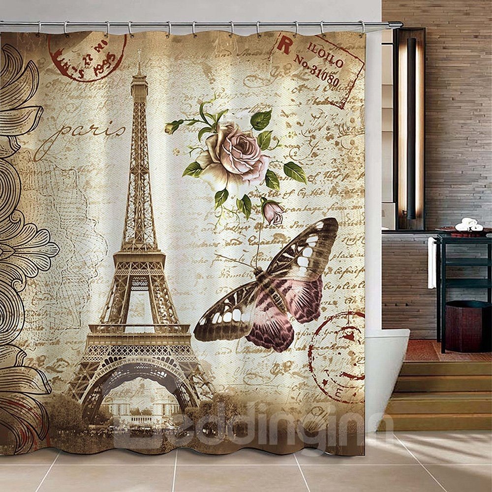 3D Eiffel Tower and Butterfly Printed Polyester Bathroom Shower Curtain