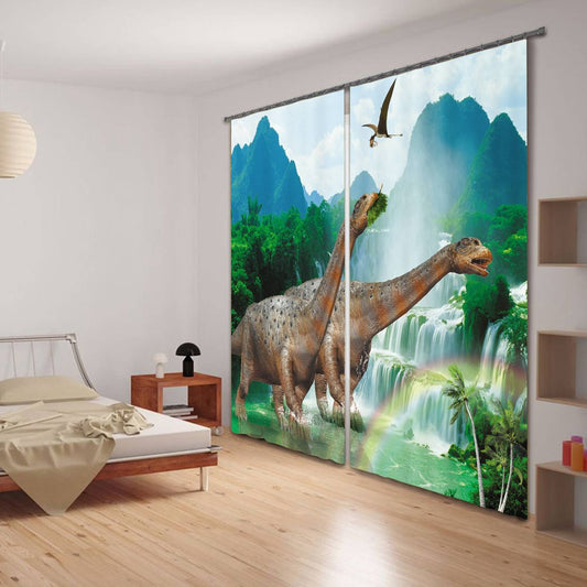 3D-Vorhang mit zwei Dinosauriern, bedruckt, dicker Polyester-Tiere-Stil, 2 Bahnen, dekorativer, individueller Vorhang