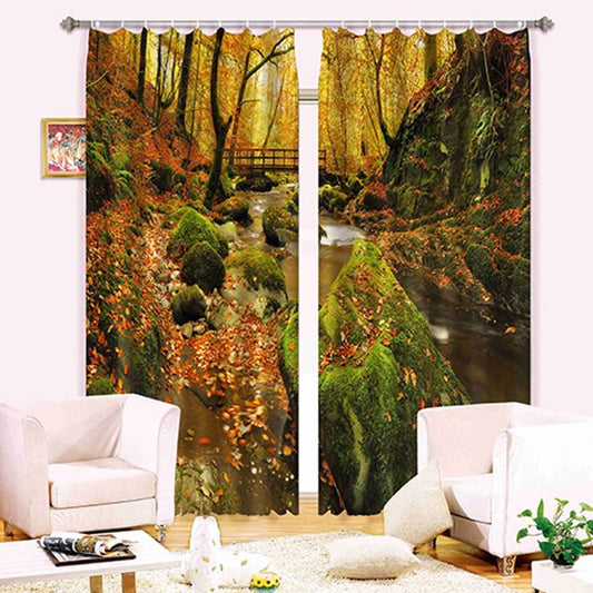 Shadowy Groves with Flowing Waterfalls Decorative and Blackout Custom Functional 3D Curtain