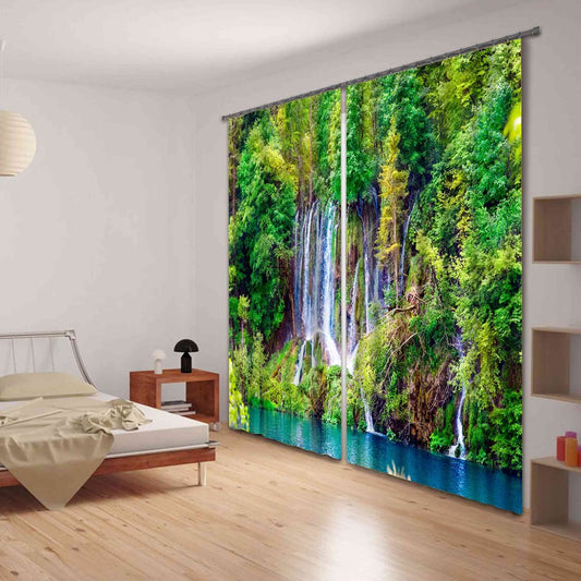 3D Green Forest Stream Printed Thick Polyester Natural Scenery 2 Panels Custom Curtain