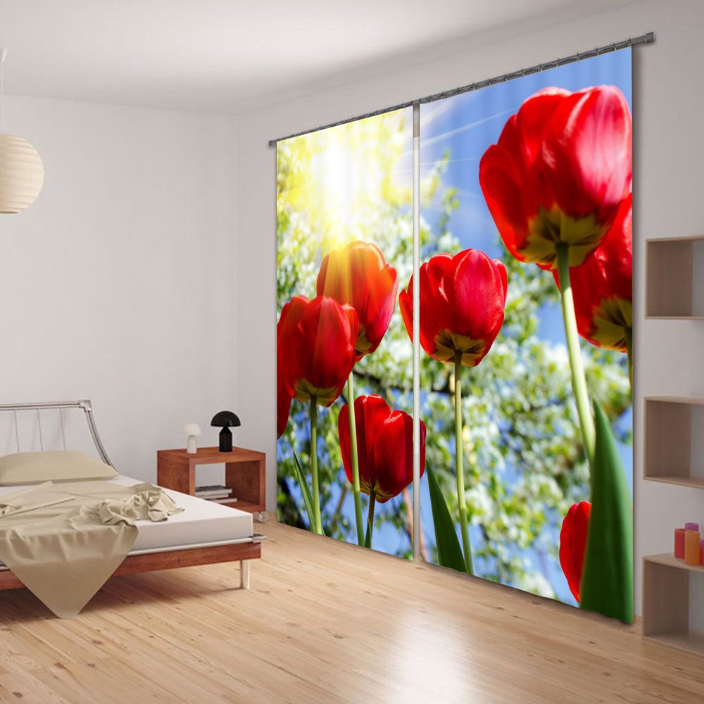 3D-verdunkelnder Vorhang mit wunderschönem und bezauberndem Aufdruck „Rote Rose mit Sonnenlicht“.