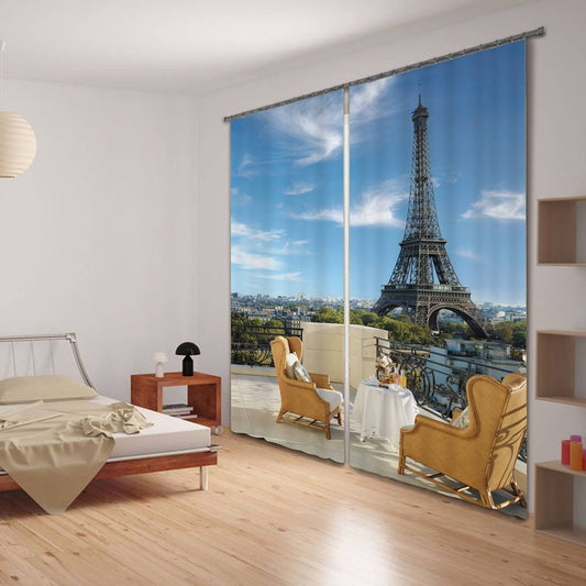 La Torre Eiffel 3D y las sillas modernas imprimieron la cortina decorativa personalizada del estilo romántico del poliéster