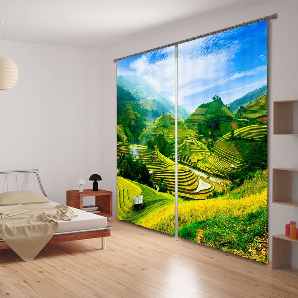 3D Green Terraced Fields Printed Pastoral Style Light Custom Energy Saving Curtain