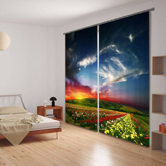 Cortina 3D personalizada con estampado de paisaje de mar de flores en 3D para sala de estar