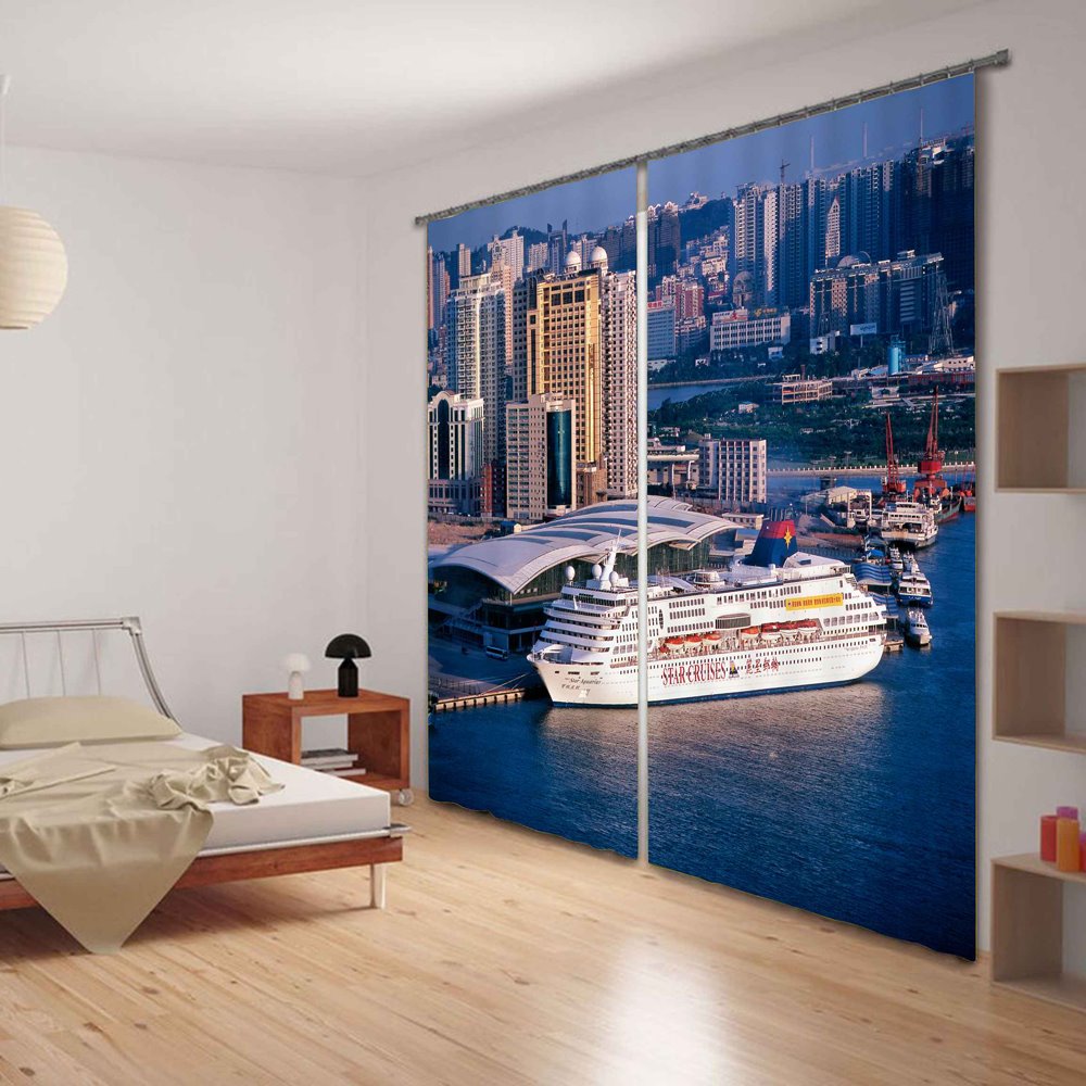 Coastal City Scenery 3D Digital Printing Living Room Custom Curtain