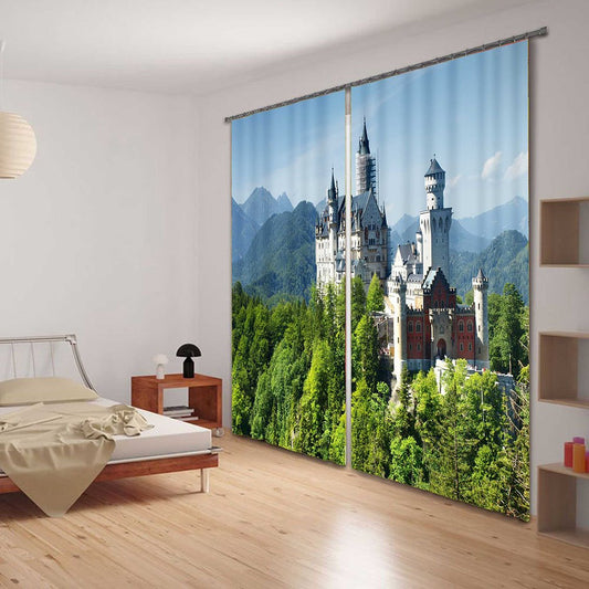 Cortina 3D personalizada con impresión de castillos modernos en un bosque espeso para sala de estar