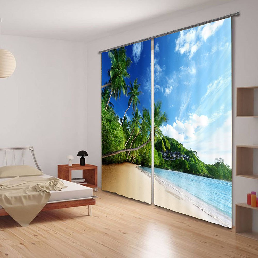 Cortina de sala de estar personalizada con decoración de paisaje de playa impresa con palmeras en 3D