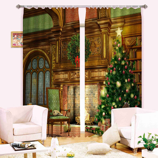 3D Christmas Theme Decor Tree and Retro Castle Printed Polyester 2 Panels Custom Curtain