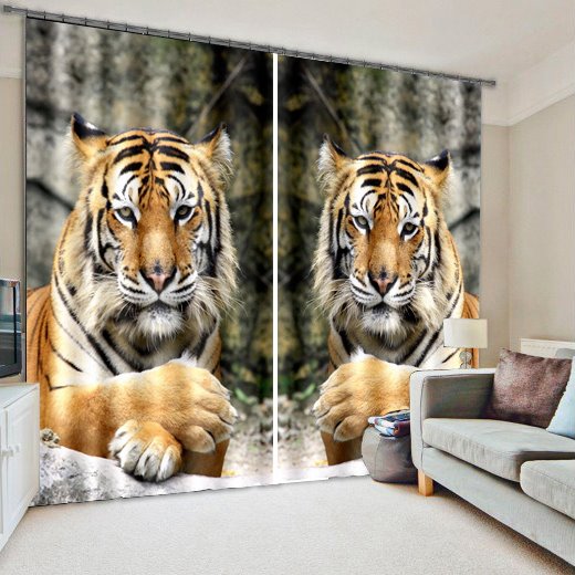 Maßgeschneiderter Vorhang im 3D-Stil mit niedlichen Tigern, die auf dem Stein liegen und im Tierstil für das Wohnzimmer bedruckt sind 