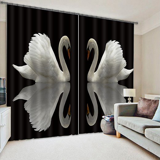 Cortina de sala de estar personalizada con decoración de poliéster impresa con cisnes blancos de pareja encantadora 3D