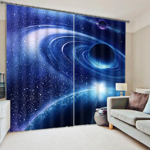 3D Galaxy and Planets Printed Polyester Wonderful Scenery Custom Curtain for Living Room
