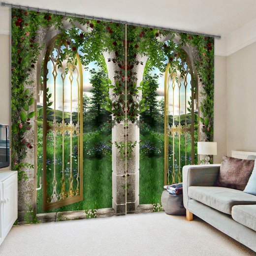Puertas arqueadas 3D con flores y pastos, cortina opaca personalizada con paisaje natural impreso 